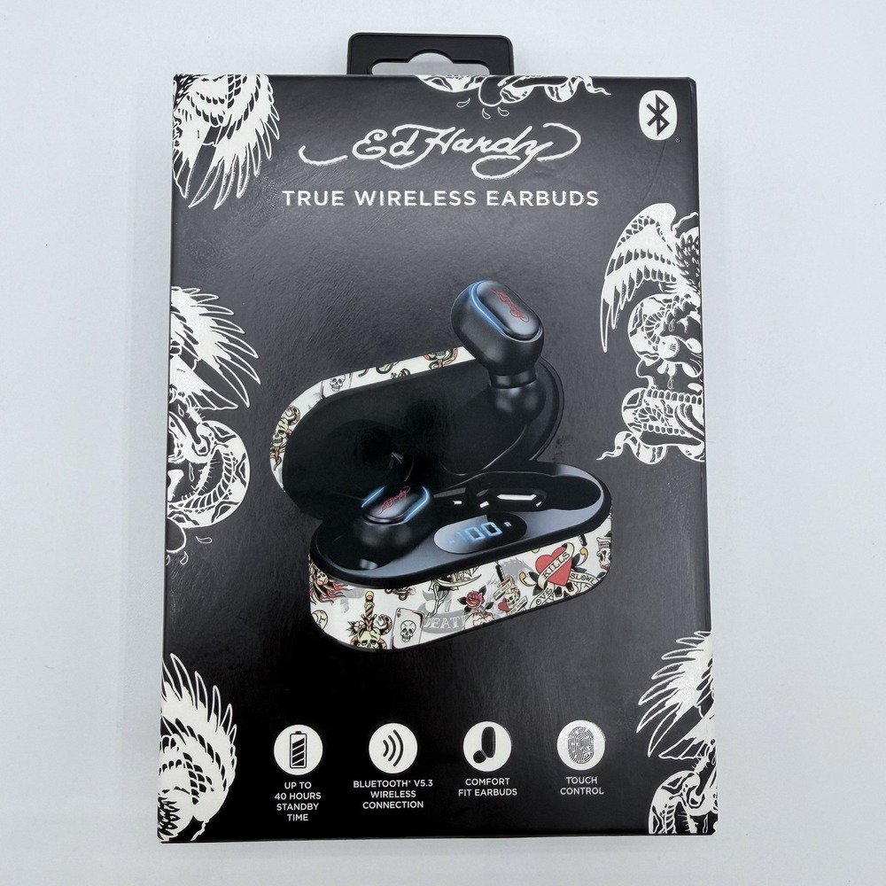 Ed Hardy Love Kills TWS True Wireless Bluetooth Earbuds White Touch Control NIB